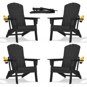 HDPE Folding Adirondack chair with Cup Holder, 4Pack (Color: Black)