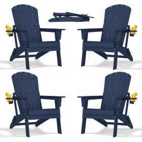 HDPE Folding Adirondack chair with Cup Holder, 4Pack (Color: Navy Blue)