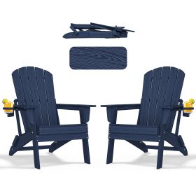 HDPE Folding Adirondack chair with Cup Holder, 2Pack (Color: Navy Blue)