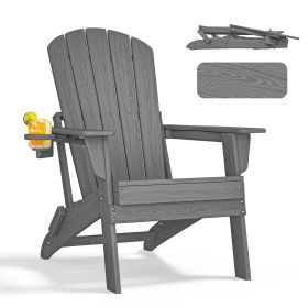 HDPE Folding Adirondack chair with Cup Holder, 1Pack (Color: Gray)