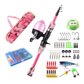 Kids Fishing Pole Set Fishing Starter Kit Telescopic Fishing Rod and Reel Combo Kit with Tackle Box 56Pcs Fishing Lures for Boys Girls (Pole Length: 1.5M/5FT, Color: PINK)